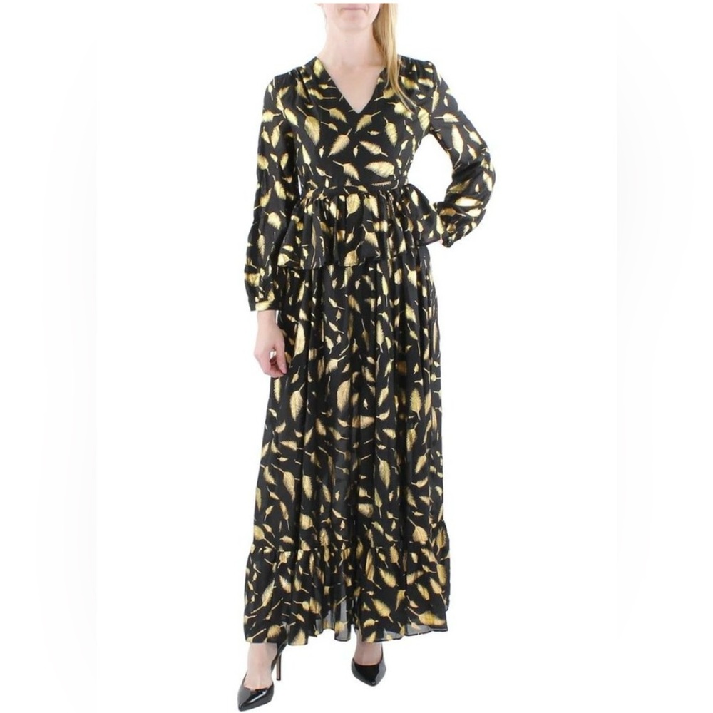 GRACIA - Maxi black dress, size small, with gold feathers printed